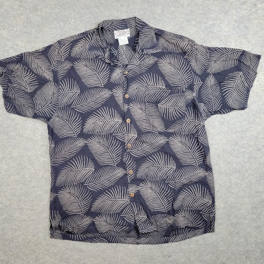 Back East Shirt Mens Medium Blue Tropical Leaf Rayon Button Front Casual Aloha